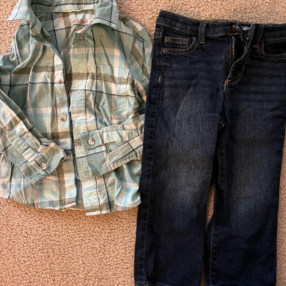 Plaid Kids Shirt - Blue Green and White and Jeans